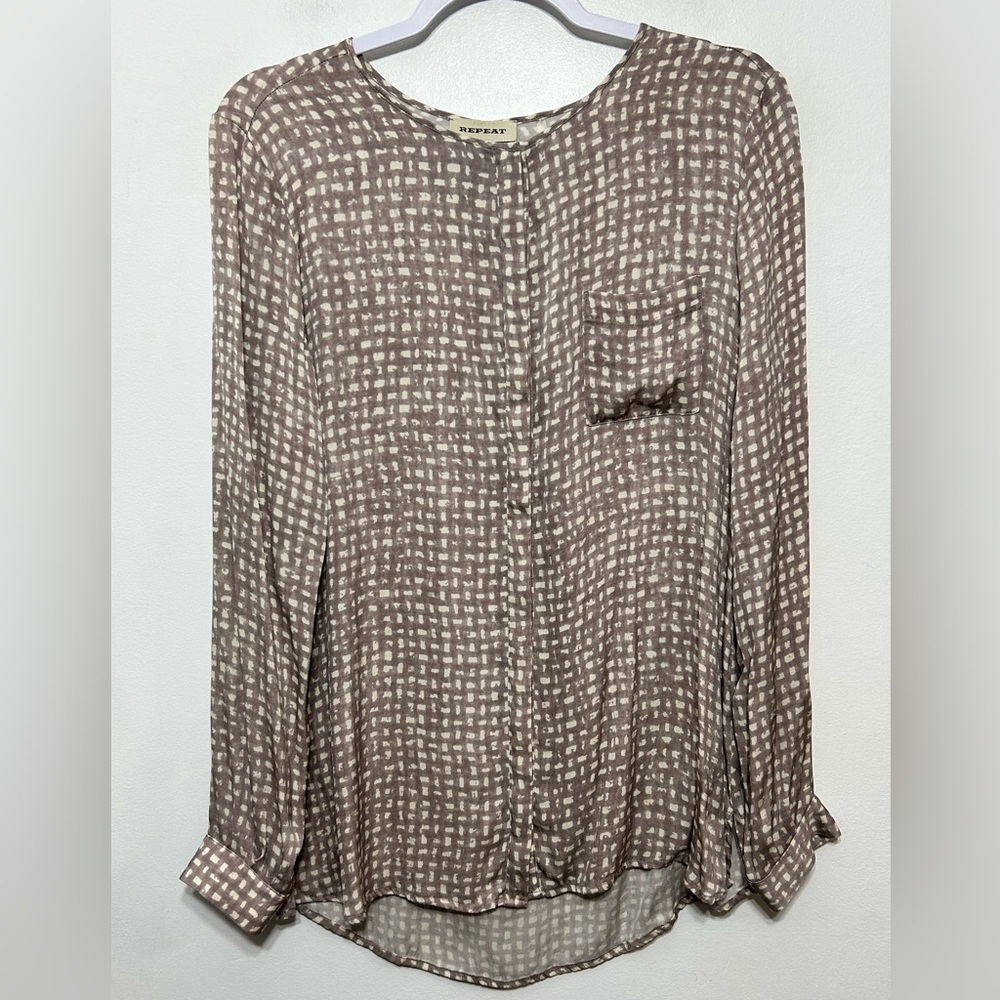 Repeat Silk Brushstroke Plaid Button Up High Low Blouse